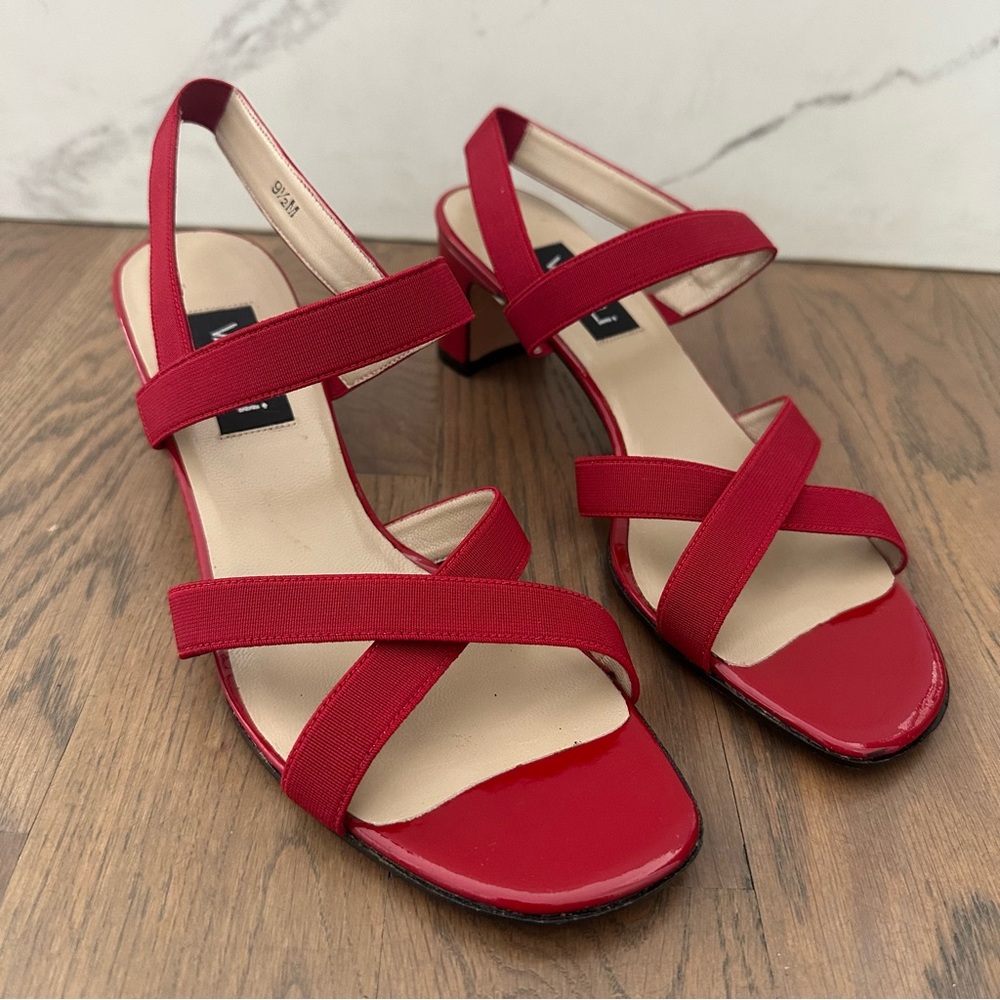 Like New Van Eli Block Heel Cross Strap Patent Leather Sandal Cherry Red 9.5B